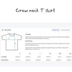 May include: Size guide for a crew neck t-shirt with measurements in centimeters for different sizes: S, M, L, XL, 2XL, and 3XL. The measurements include length and half chest.
