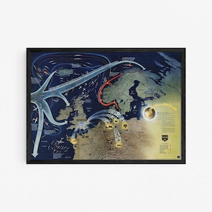 May include: A framed historical map print titled 'The Navy Defeats the Night Raiders' featuring a dark blue and tan color scheme. The map illustrates military flight paths over Europe and the North Sea with detailed text, a legend, and small icons.