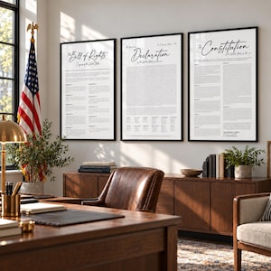 May include: Three framed wall art prints featuring the Bill of Rights, the Declaration of Independence, and the Constitution of the United States. Each print has black text on a white background, displayed in thin black frames on a light wall.