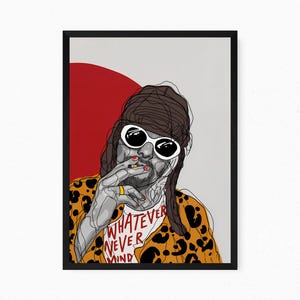 Könnte beinhalten: Ein gerahmter Kunstdruck mit einem stilisierten Strichmännchen-Porträt einer Person mit Mütze, weißer Sonnenbrille und einem Hemd mit Leopardenmuster. Die Person hält eine Zigarette und auf dem Hemd steht der rote Text WHATEVER NEVER MIND.