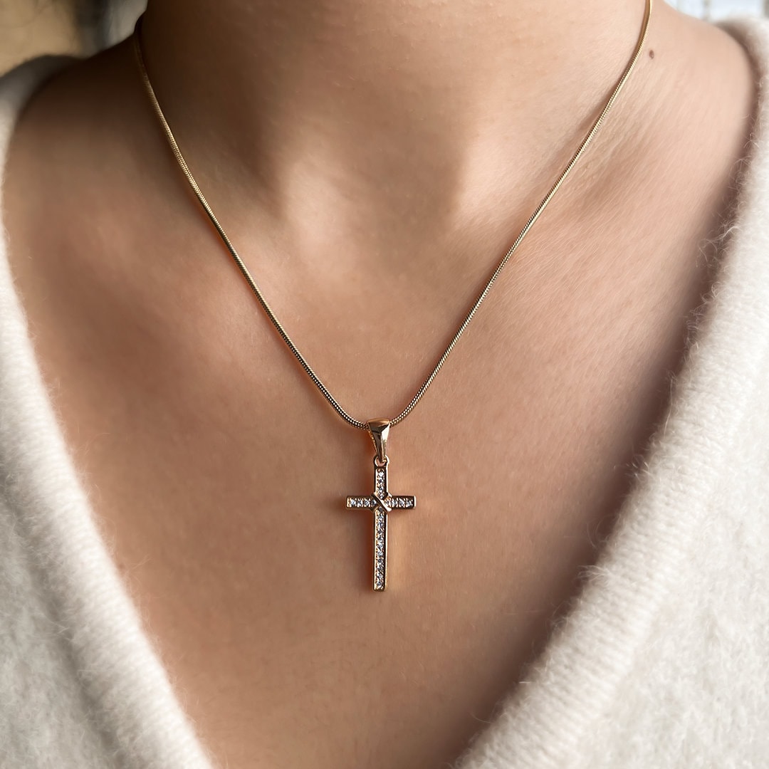 Gold Stainless Steel Cross Pendant Necklace, Circle Zircon Cross Religious Necklace, 45cm