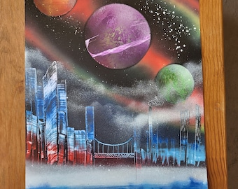 Planets with city backdrop