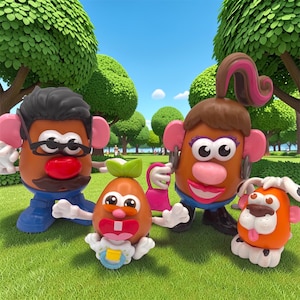 May include: Four Mr. Potato Head toys are arranged on green grass with a park background. The toys include a male potato head with glasses, a female potato head with a pink purse, a baby potato head, and a dog potato head.