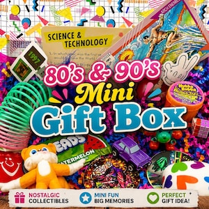 May include: A gift box filled with 80s and 90s themed items including a neon green slinky, an orange Hubba Bubba tape container, a small purple toy car, a plush orange cat, a watermelon candy pack, a Rubik's cube, and colourful paper shred.