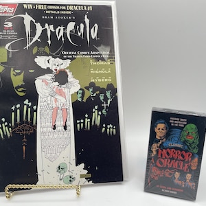 Cartes Oracle d'horreur classiques, bande dessinée Topps Dracula 1992, duo d'horreur vintage, images artistiques et colorées, fan d'horreur, Dracula de Bram Stoker