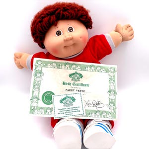 1982 Cabbage Patch Kid Doll, Brown Hair Eyes, Xavier Roberts Signed Certificate, Red Outfit