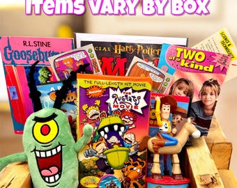 May include: A collection of 90s pop culture items including a green Plankton plush, a Rugrats Movie VHS, a Woody on Bullseye toy, and various books and media featuring Goosebumps, Harry Potter, and Two of a Kind. Text reads ITEMS VARY BY BOX.