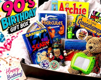 May include: A 90s themed birthday gift box containing an Archie comic, a Hercules VHS tape, a Garfield joke book, a Goosebumps book, a Teenage Mutant Ninja Turtles action figure, a Red Hot Chili Peppers CD, a teddy bear, and a neon green toy.