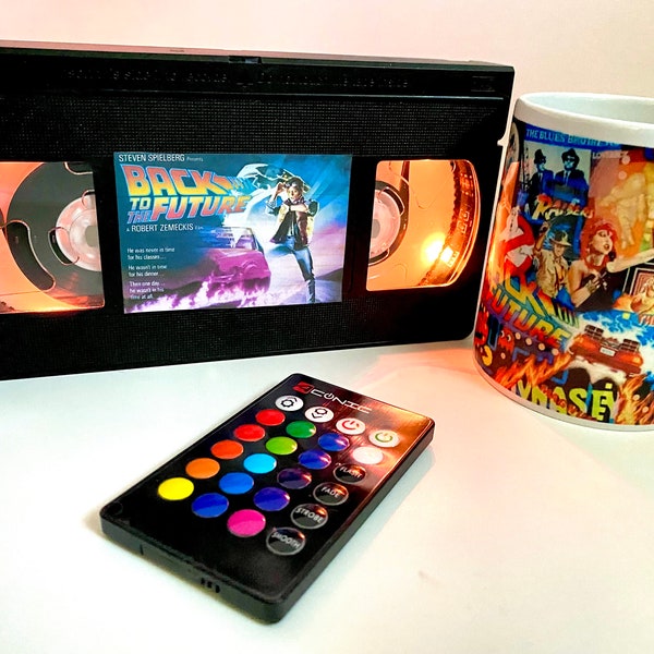 80s Retro VHS Color Changing LED Lamp - Back to the Future, The Goonies, Who Framed Roger Rabbit, Gremlins Movie with 80s Pop Culture Mug