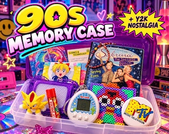 May include: A purple plastic storage case filled with 90s and Y2K themed items including a Sabrina the Teenage Witch book, a digital pet game, a yellow hedgehog figure, a Lip Smacker balm, a beaded bracelet, and an MTV logo button.