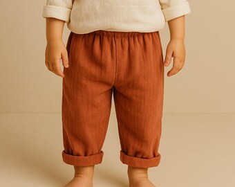 Pantalones de muselina hechos a mano para niños pequeños – Algodón orgánico rojo ladrillo, corte holgado