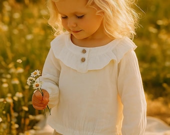 Organic Muslin Baby Girl Blouse | Boho Ruffle Long Sleeve Shirt | Toddler Spring Top | Soft Cotton Baby Top | Minimalist Baby Outfit