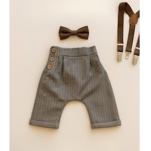 Elegant Baby Boy Pants – High-Waisted Cotton Trousers with Wooden Buttons – Wedding Outfit – Toddler Dress Pants – Special Occasion Outfit