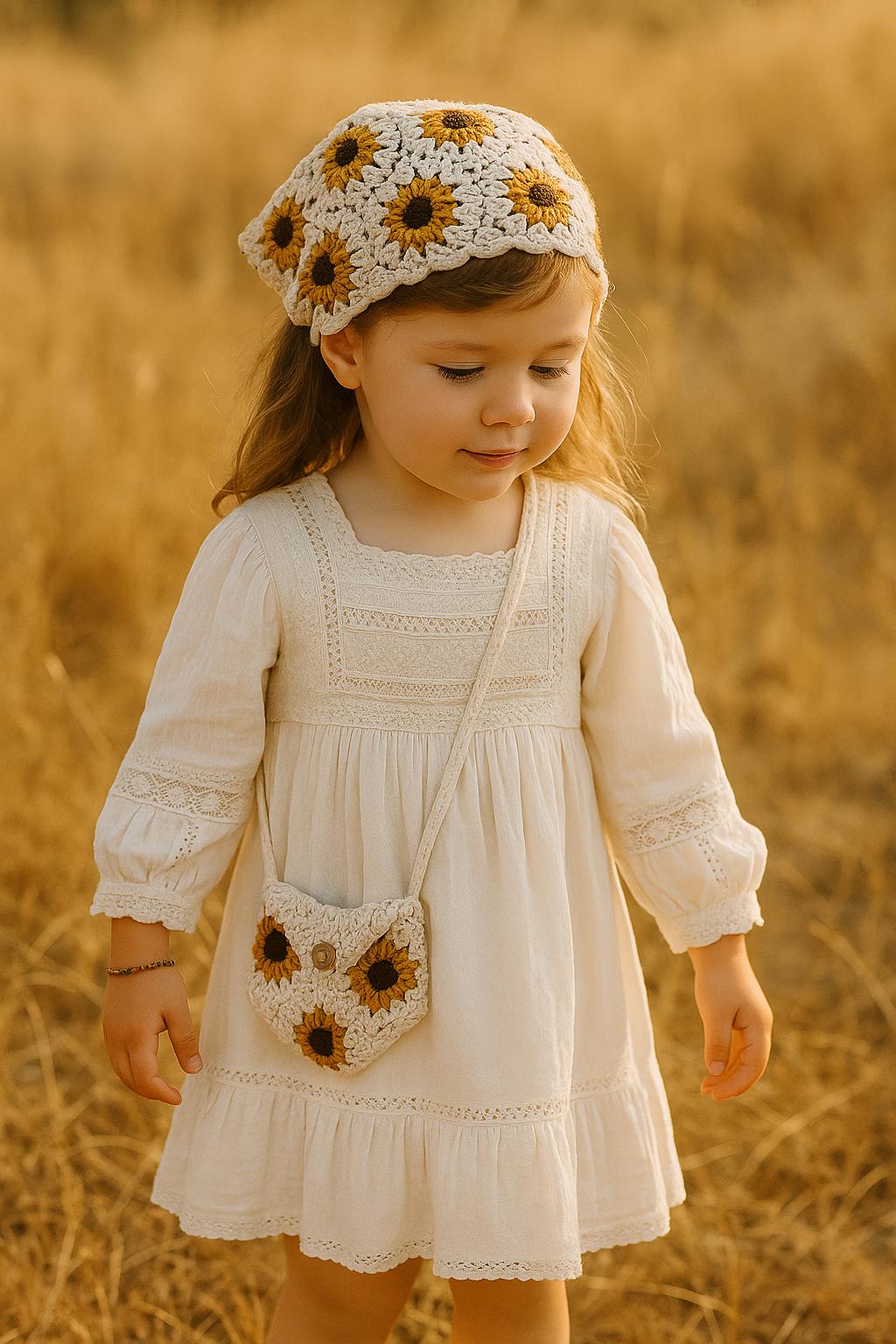 Handmade Crochet Sunflower Baby Bandana and Purse Set: Organic