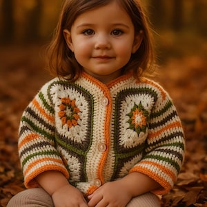 Handmade Wool Baby Cardigan – Retro Granny Square Toddler Sweater – Colorful Crochet Jacket for Winter – Cozy Gift for Girls