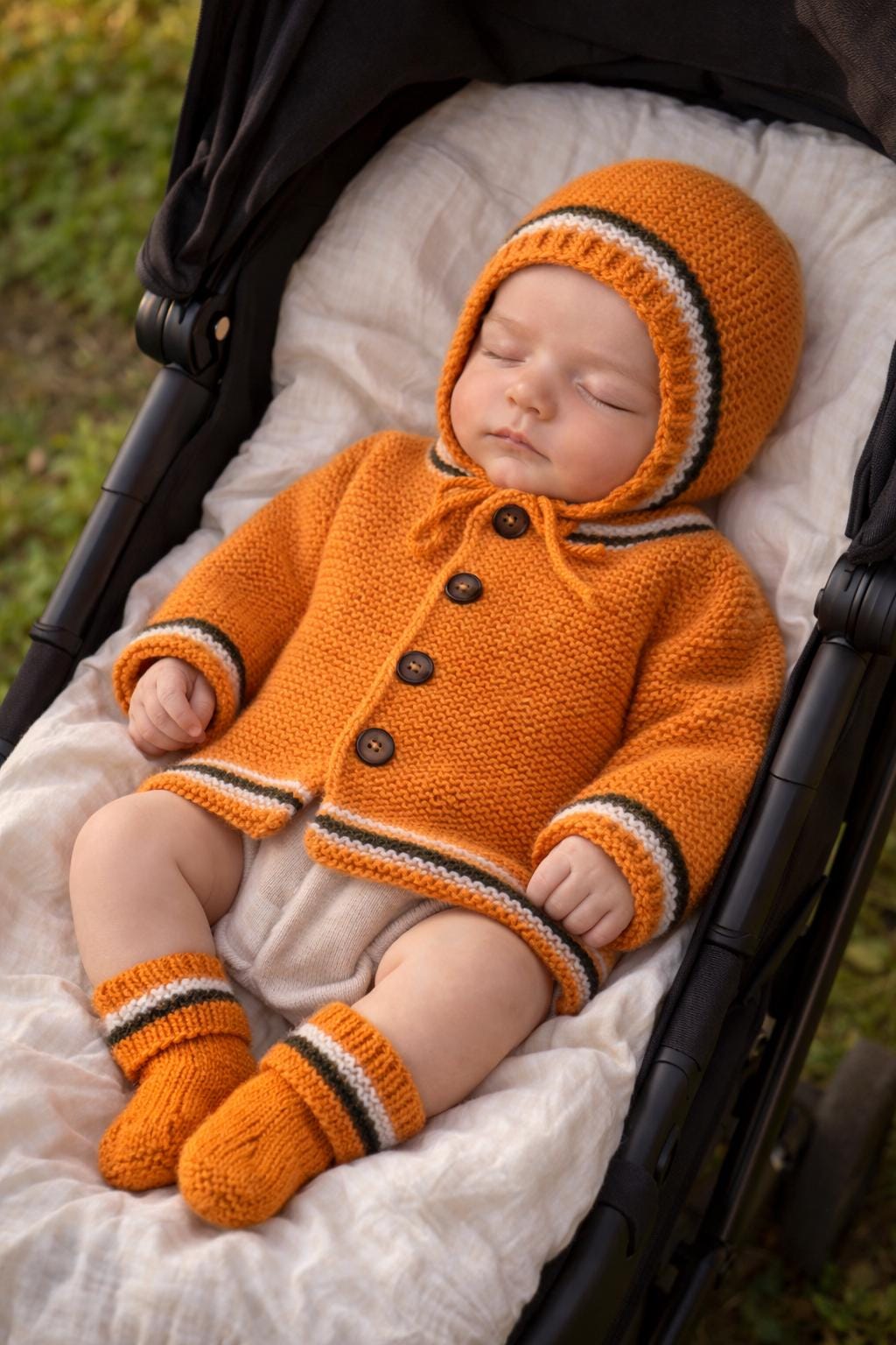 Handmade Merino Wool Baby Knit Set: Orange Cardigan, Bonnet, Socks & Scarf