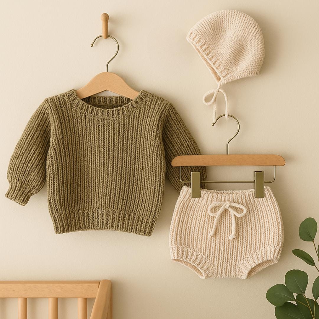 Organic Cotton Baby Knit Set: Khaki Sweater, Beige Bloomers & Bonnet - Etsy