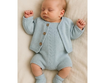 Hand-Knit Organic Cotton Baby Set: Ice Blue Romper, Cardigan & Booties