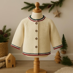 Merino Wool Baby Cardigan – Toddler Button Down Sweater – White Knit Winter Jacket for Boys & Girls – Handmade Holiday Outfit