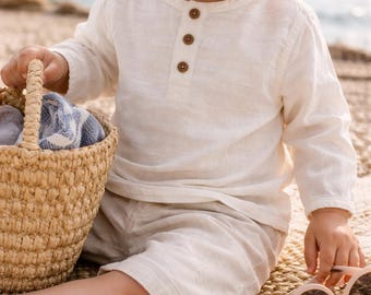 Organic Muslin Baby Boy Shirt: Boho Long Sleeve Top, Wooden Buttons