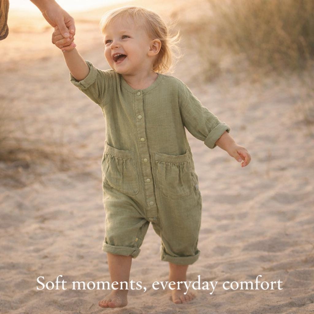 Organic Muslin Toddler Romper, Sage Green Unisex Baby Jumpsuit
