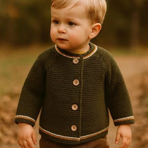 Handmade Merino Wool Toddler Boy Jacket – Forest Green Winter Cardigan with Wooden Buttons – Warm Knit Coat for Baby or Toddler