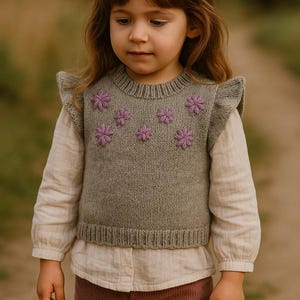 Alpaca Wool Toddler Girl Vest – Handmade Winter Knit Vest with Ruffled Sleeves & Crochet Flowers – Cozy Sleeveless Pullover for Girls