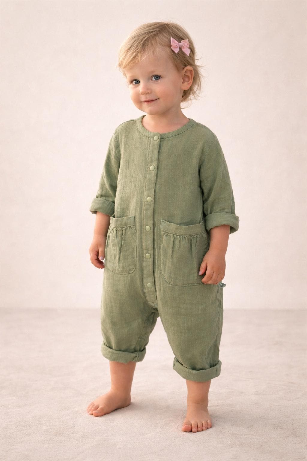 Organic Muslin Toddler Romper, Sage Green Unisex Baby Jumpsuit