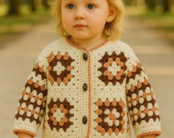Handmade Alpaca Wool Granny Square Baby Cardigan: Boho Knit Hoodie