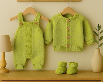 Hand-Knitted Lime Green Newborn Outfit – Organic Baby Gift Set with Romper, Cardigan & Booties | Neutral Baby Shower Gift | Cozy Knitwear