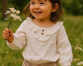Organic Cotton Baby Blouse: Boho Ruffle Top with Wooden Buttons