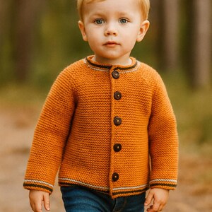 Può includere: Un cardigan in maglia a maniche lunghe color arancio bruciato, caratterizzato da uno scollo rotondo, cinque bottoni marrone scuro sul davanti e sottili strisce orizzontali verde scuro e grigio chiaro sui polsini e sull'orlo inferiore.