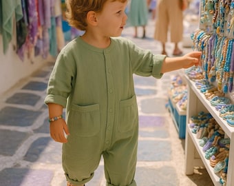 Organic Sage Green Muslin Romper – Comfy Summer Outfit for Vacation & Beach Days – Unisex Baby Jumpsuit