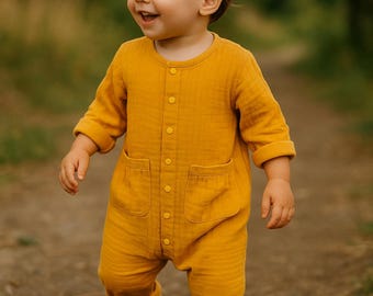 Organic Cotton Baby Romper – Daisy Yellow Muslin Jumpsuit with Snaps | Summer Outfit for Babies & Toddlers | Personalized Baby Romper