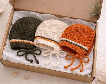 Hand Knit Baby Bonnet Set of 3, Newborn & Baby Bonnet, Organic Wool Baby Hat, Vintage Style Beanie