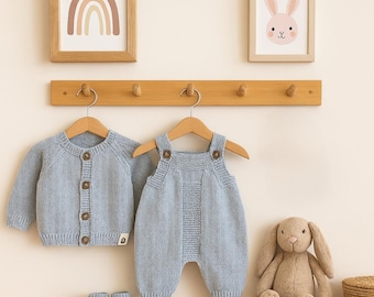 Hand Knit Organic Cotton Baby Outfit Set: Ice Blue Cardigan, Romper & Booties