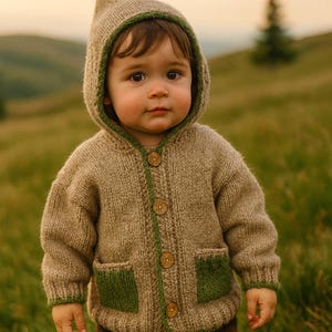 Könnte beinhalten: Ein Kind trägt eine handgefertigte Kapuzenstrickjacke. Der Pullover ist beige mit grünen Verzierungen und Taschen sowie Holzknöpfen. Die Kapuze hat einen grünen Bommel. Das Kind trägt eine braune Hose und steht auf einer Wiese.