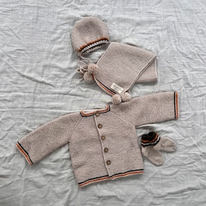Hand Knit Set of Baby Crochet Cardigan, Pixie Bonnet, Cozy Socks, and Scarf, Knitted Baby Clothes, Newborn Knitted Set, Newborn Winter Set