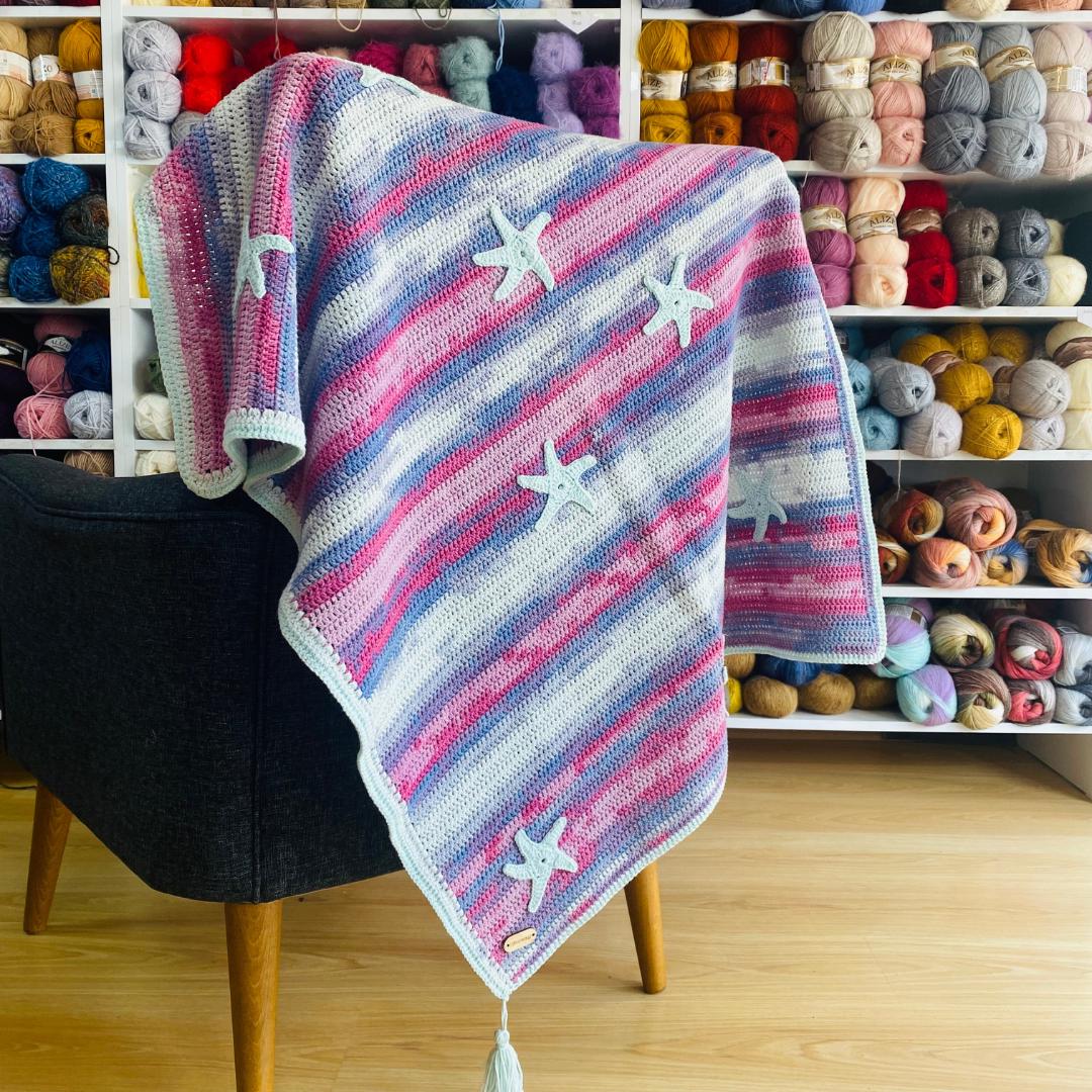 Organic Cotton Crochet Baby Blanket: Starfish Appliqué, Ocean Nursery