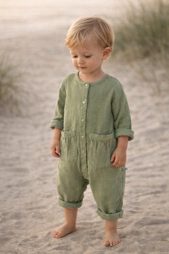 Organic Muslin Toddler Romper, Sage Green Unisex Baby Jumpsuit, Soft Cotton Outfit, Neutral Toddler Clothing, Everyday Summer Wear