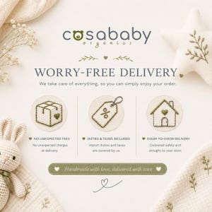 以下が含まれることがあります： Cosababy Organicsのインフォグラフィック。WORRY-FREE DELIVERYの文字と、小包、値札、家を描いた3つの円形アイコンが含まれています。予期せぬ手数料なし、関税・税金込み、玄関先までの配送について説明するテキストが記載されています。