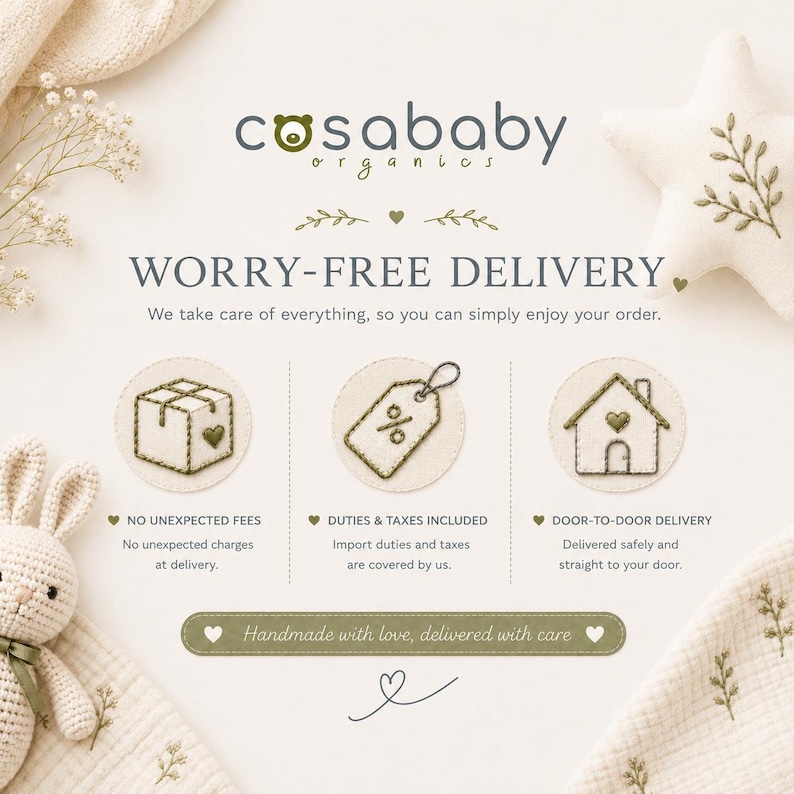 以下が含まれることがあります： Cosababy Organicsのインフォグラフィック。WORRY-FREE DELIVERYの文字と、小包、値札、家を描いた3つの円形アイコンが含まれています。予期せぬ手数料なし、関税・税金込み、玄関先までの配送について説明するテキストが記載されています。