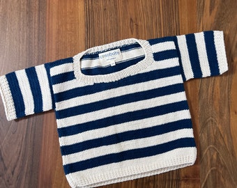 Nautical Striped Baby Sweater, Unisex Summer Cardigan, Chunky Oversize Baby Cardigan, Navy & Beige Knit Pullover for Pullover for Toddlers