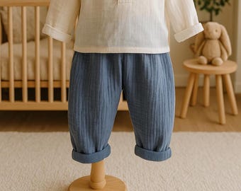 Organic Muslin Baby Pants – Indigo Blue Toddler Trousers for Boys, Elastic Waist,  Comfy Summer Fisherman Pants available for 2-3-4 years