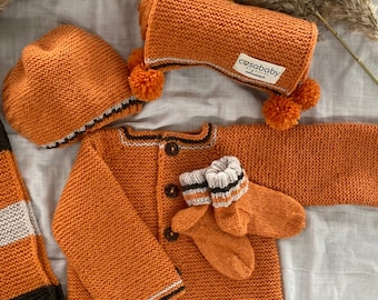 Pumpkin Orange Handmade Crochet Baby Set, Set of Cardigan, Pixie Bonnet, Socks, and Scarf, Baby Coming Home Outfit,  Newborn Baby Set