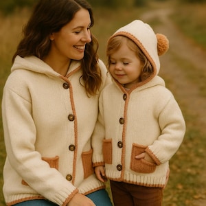 Handmade Mommy and Me Hooded Knit Cardigans | Organic Wool Matching Set | Cozy Fall Winter Outfits | Gift for Moms and Toddlers