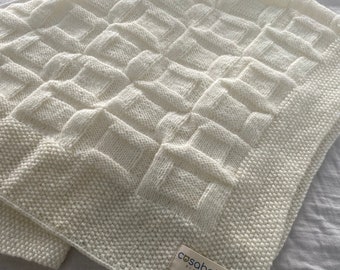 Hand-Knit Merino Wool Baby Blanket: Snow White Heirloom Crib Blanket