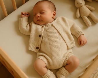 Organic Knit Newborn Outfit: Cotton Romper, Cardigan & Booties - Cream