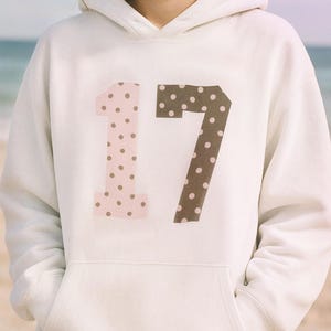 Pink Brown 17 Patchwork Hoodie – Coquette Aesthetic Varsity Style Sweatshirt, Vintage Wash Star Hoodie, Polka Dot Soft Girl Hoodie