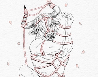 Può includere: Un disegno in bianco e nero di una figura con testa di toro legata con una corda rossa. La figura è seduta con le gambe incrociate e circondata da rose. La figura indossa un'imbracatura di corda e ha una corda legata intorno alla testa. Il disegno è firmato e datato 2023.